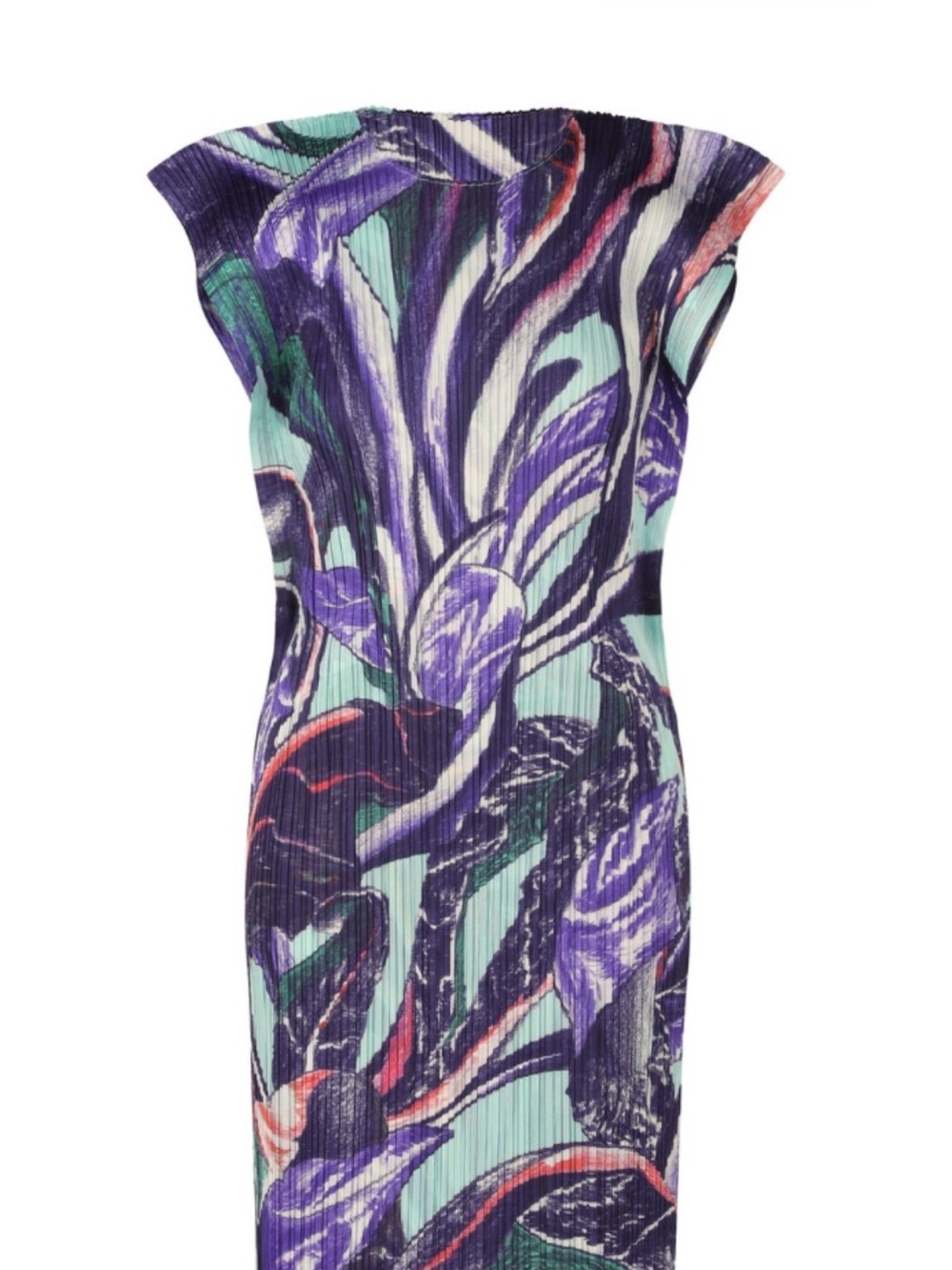 Issey Miyake Sleeveless Pleated Dress in Purple and Mint with Coral Accents